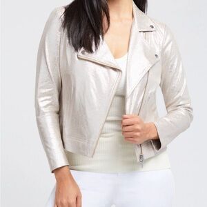NWT Peace of Cloth Mariel Foiled Suede Moto Jacket Metallic Gold Beige Medium